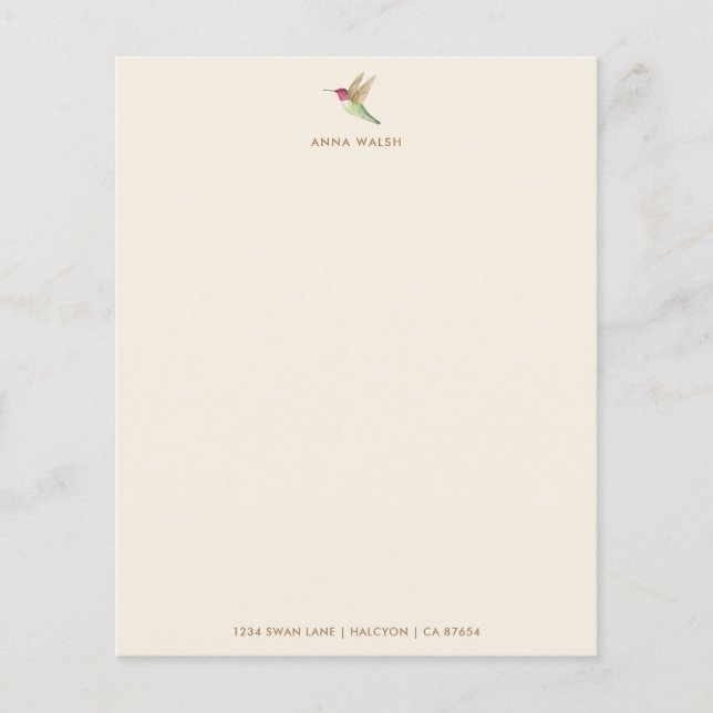 Lámina Personalizado Ecru Hummingbird Stationery Paper (Anverso)