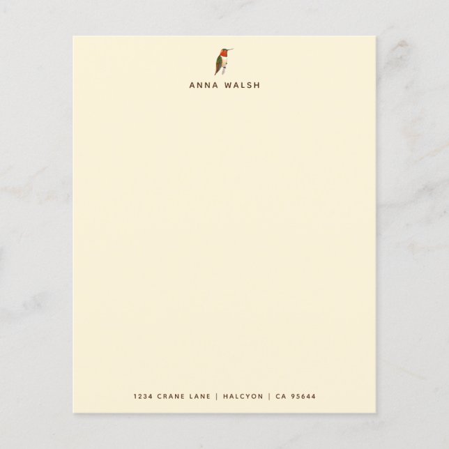 Lámina Personalizado Ecru Hummingbird Stationery Paper (Anverso)