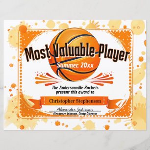Lámina Personalizado Premio de Baloncesto MVP Campamento