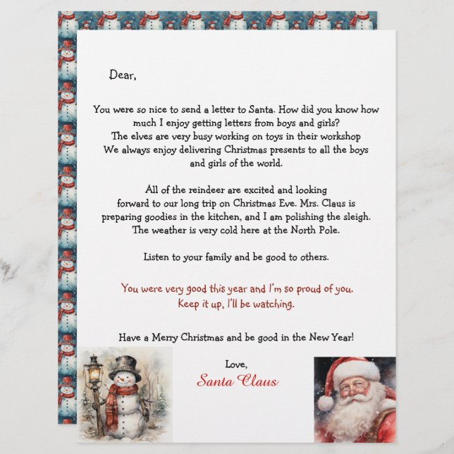 Lámina Personalized Letter From Santa Snowman (Anverso / Reverso)