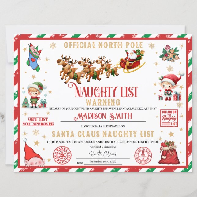 Lámina Personalized Santa Naughty List Warning Certificat (Anverso)