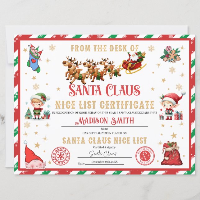 Lámina Personalized Santa Official Nice List Certificate (Anverso)