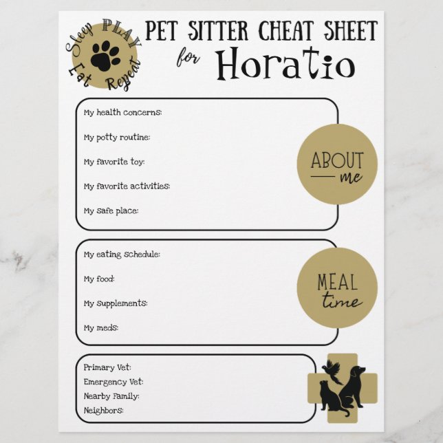 Lámina Pet Sitter Cheat Sheet Paper Sheet (Anverso)