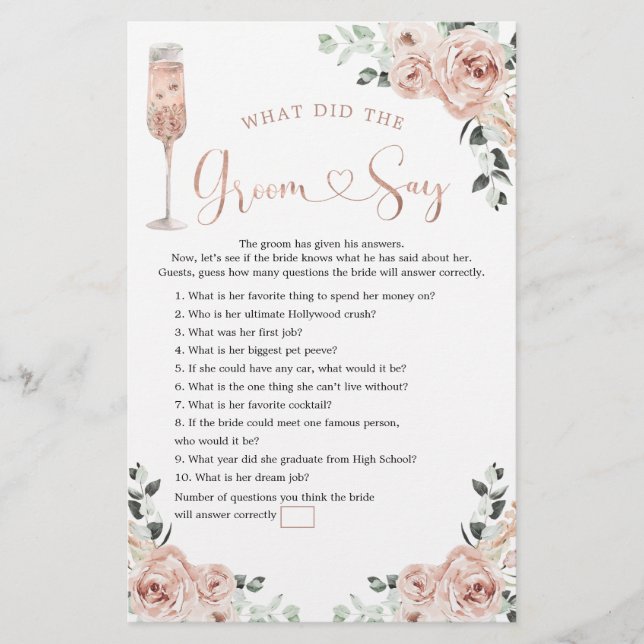Lámina Petales Rosas rosados y Prosecco Groom Say Game (Anverso)
