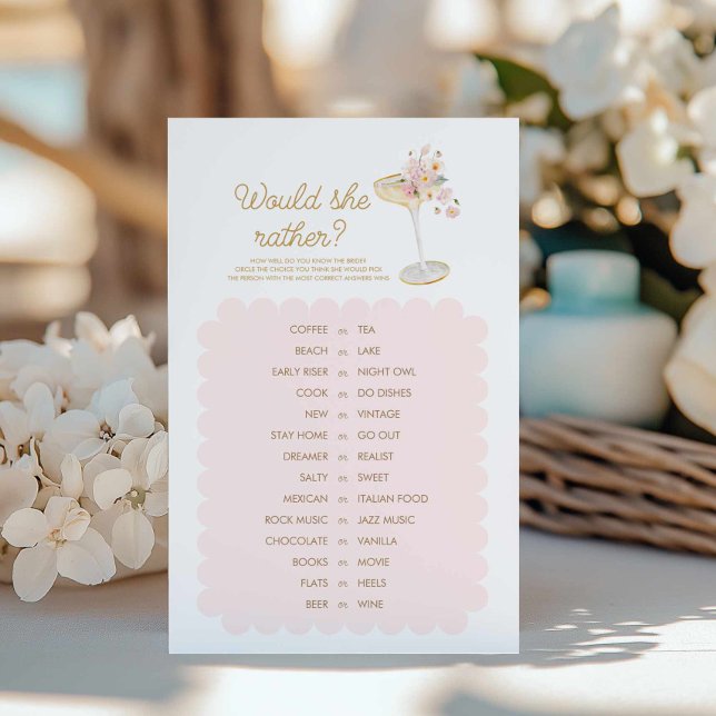 Lámina Pétalos y Prosecco preferirían un juego de ducha (Would she rather Bridal shower game)
