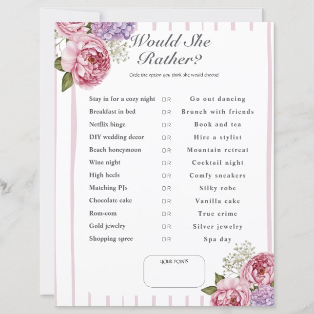 Lámina  Petals What would she Rather game Bridal Shower (Anverso)