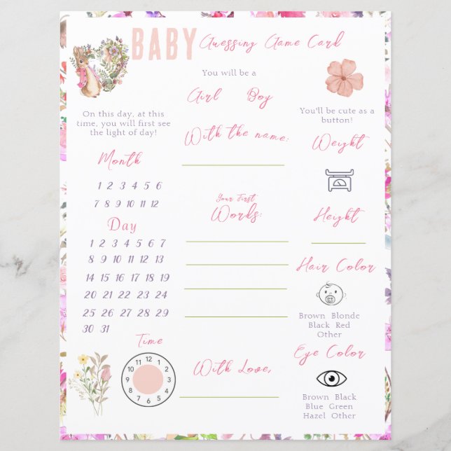 Lámina Peter el conejo floral rosa para baby shower de ni (Anverso)