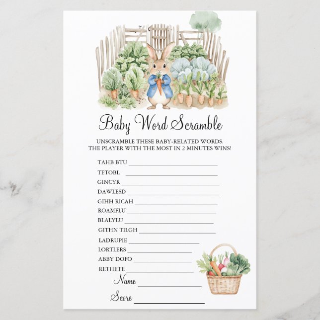 Lámina Peter Rabbit Garden Scramble Baby Shower Game (Anverso)