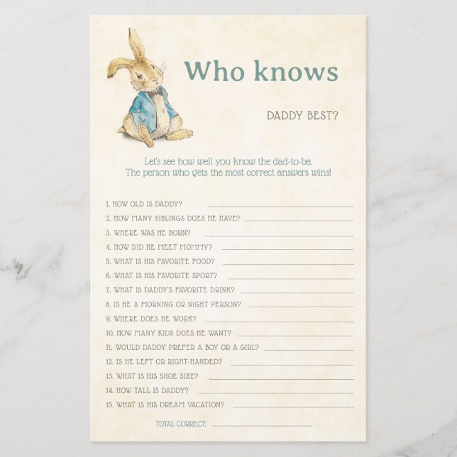 Lámina Peter The Rabbit Baby Shower quien conoce el juego (Anverso)