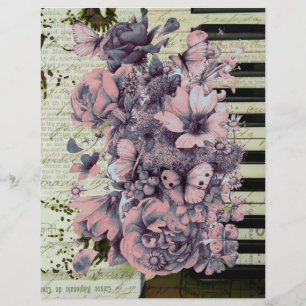 Lámina Piano antiguo y flores en papel viejo