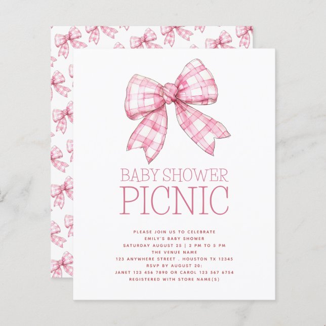 Lámina Picnic Baby Shower de Budget Pink Gingham Bow (Anverso / Reverso)