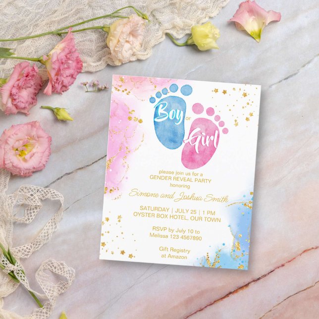 Lámina Pies de bebé azul rosado género revelar presupuest (Baby feet gender reveal budget invitation pink and blue boy or girl affordable gender reveal invite)