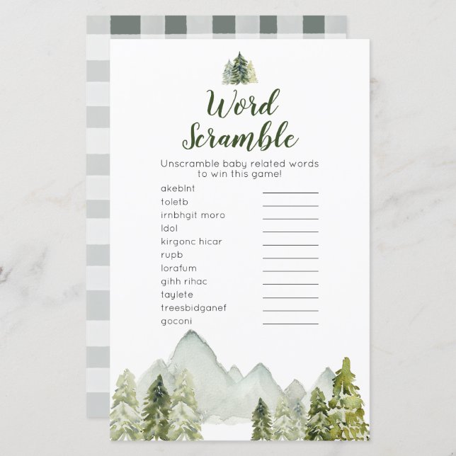 Lámina Pine Tree adventure Woodland Word Scramble (Anverso / Reverso)