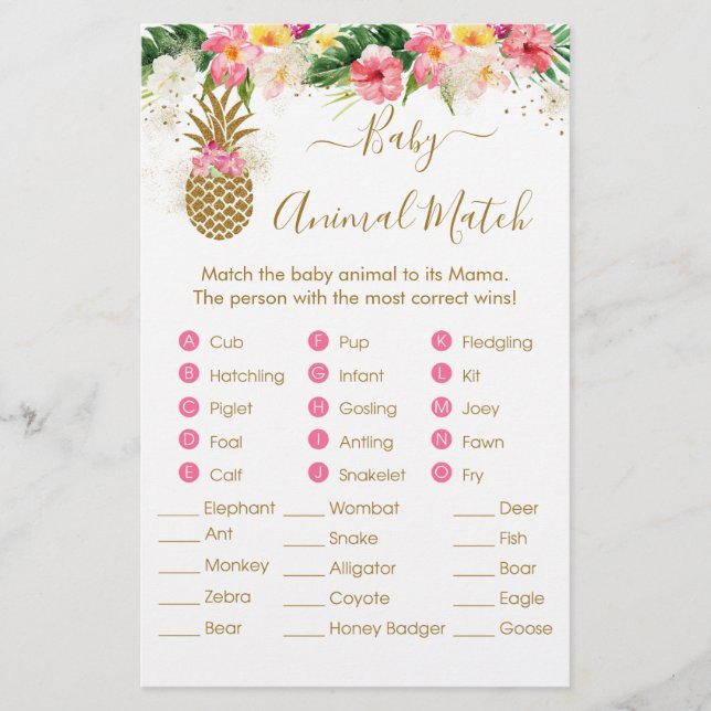 Lámina Pineapple Floral Baby Shower Animal Match Game (Anverso)