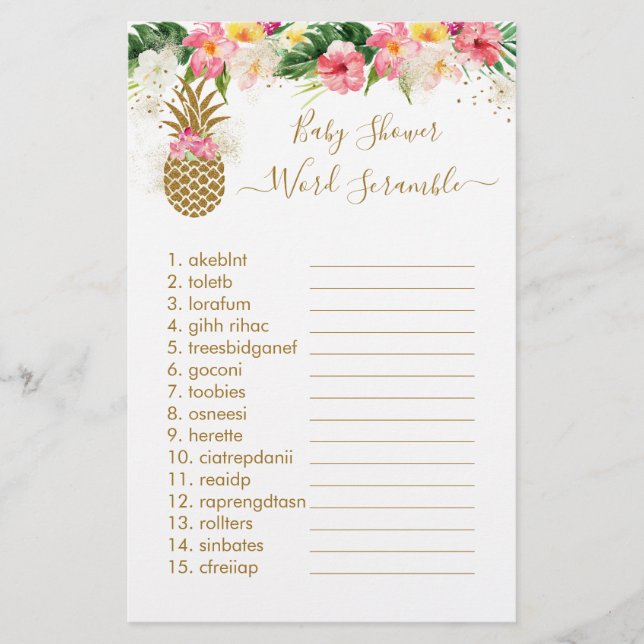Lámina Pineapple Floral Baby Shower Word Scramble Game (Anverso)