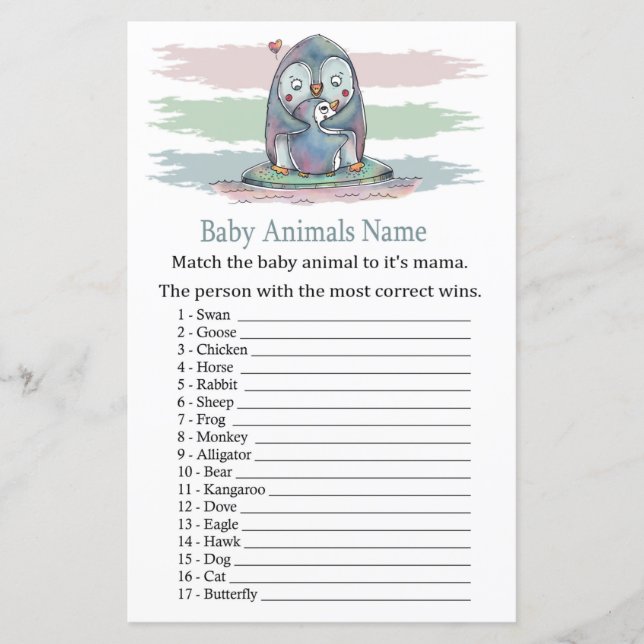 Lámina Pingüino Bebé Animales Nombre Juego (Anverso)