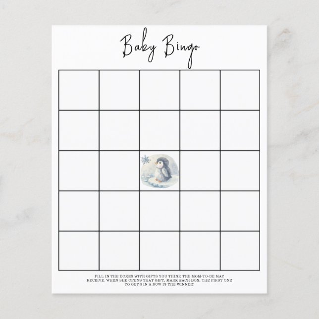 Lámina Pingüino - Juego de bingo para ducha de bebé (Anverso)