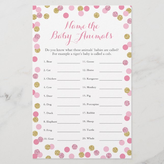 Lámina Pink and Gold Baby Shower Baby Animal Name (Anverso)