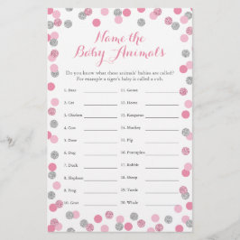 Lámina Pink and Silver Baby Shower Baby Animal Name
