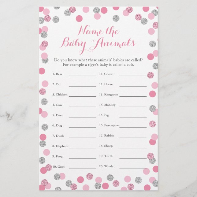 Lámina Pink and Silver Baby Shower Baby Animal Name (Anverso)