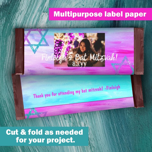 Lámina Pink Aqua Budget Bat Mitzvah Candy Bar Wrapper (Hot pink, violet, turquoise, cyan bat mitzvah personalized chocolate bar wrapper DIY cheap low cost)
