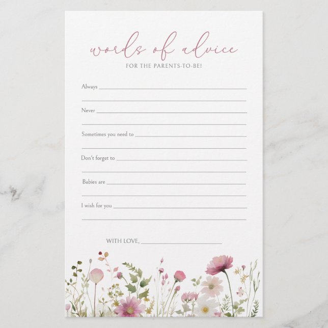 Lámina Pink Baby In Bloom Wildflower Baby Advice Card (Anverso)