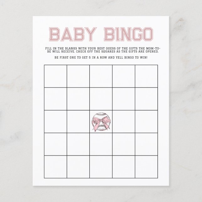 Lámina Pink Batter Up Baseball Baby Bingo Game (Anverso)