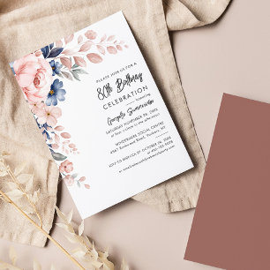Lámina Pink Blue Floral 80th Birthday Party Invitation