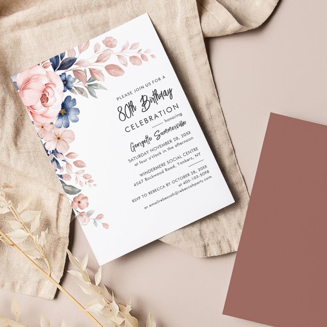 Lámina Pink Blue Floral 80th Birthday Party Invitation (Pink Floral 80th Birthday Party Invitation)