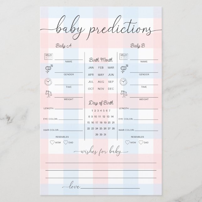 Lámina Pink Blue Gingham Twins Baby Predictions Game (Anverso)