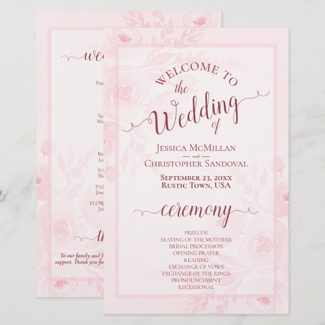 Lámina Pink Boho Chic Peonies Budget Wedding Program (Anverso / Reverso)