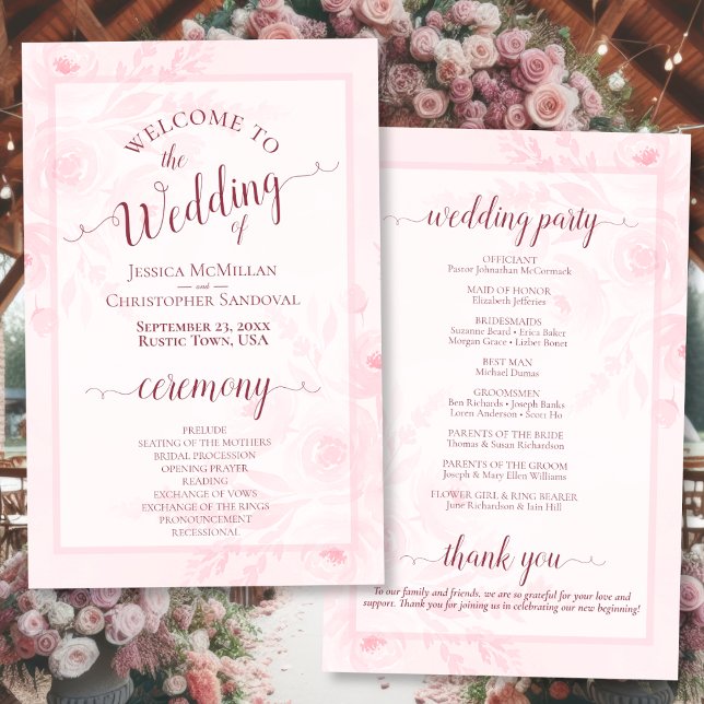 Lámina Pink Boho Chic Peonies Budget Wedding Program (Front/Back)