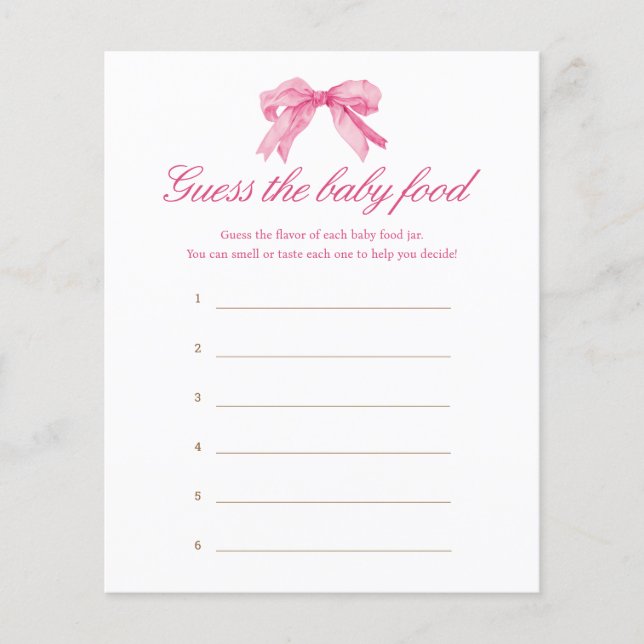 Lámina Pink Bow Baby Shower Adivina El juego de la comida (Anverso)