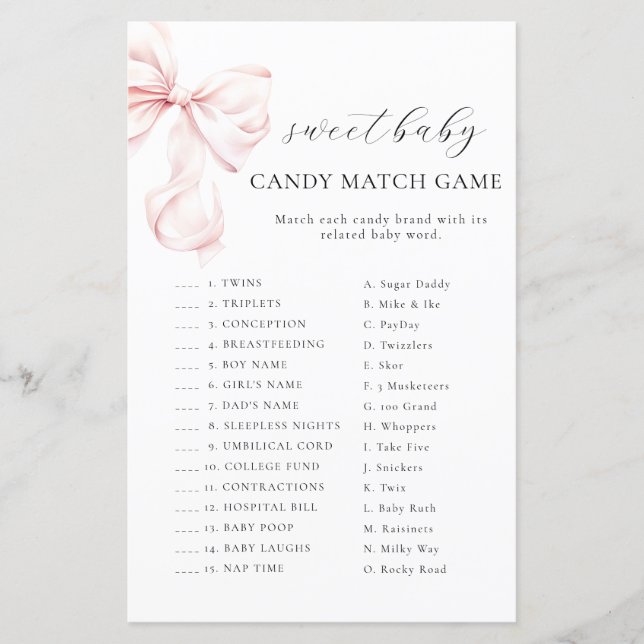 Lámina Pink Bow Baby Shower CANDCH GAME (Anverso)