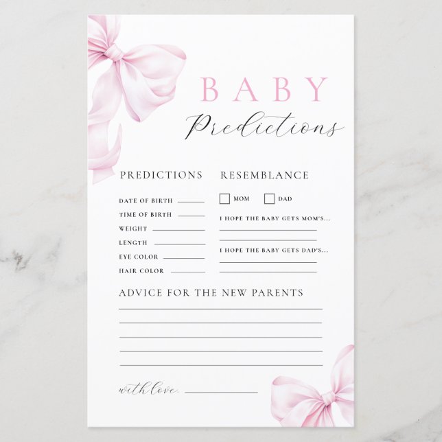 Lámina Pink Bow Baby Shower Prediction & Advice Game (Anverso)