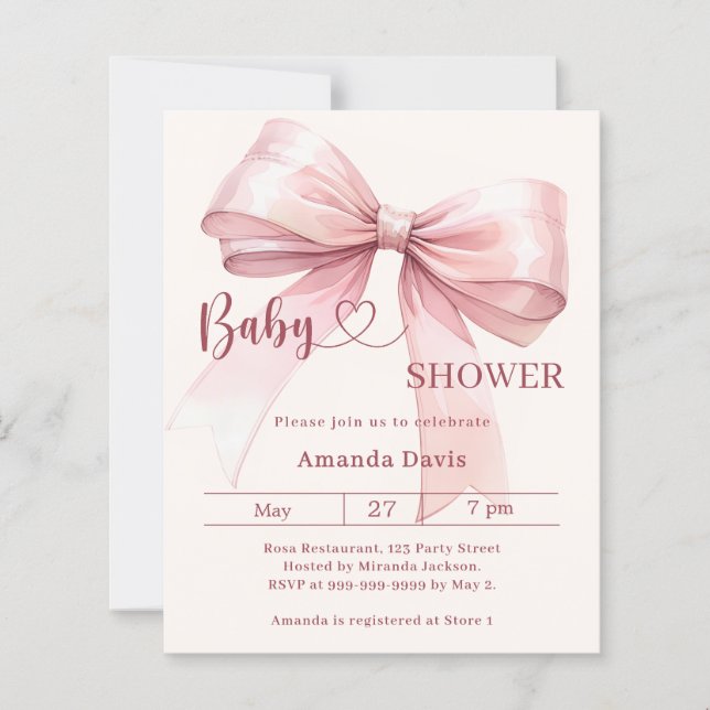 Lámina Pink bow beige girl Baby Shower invitation (Anverso)
