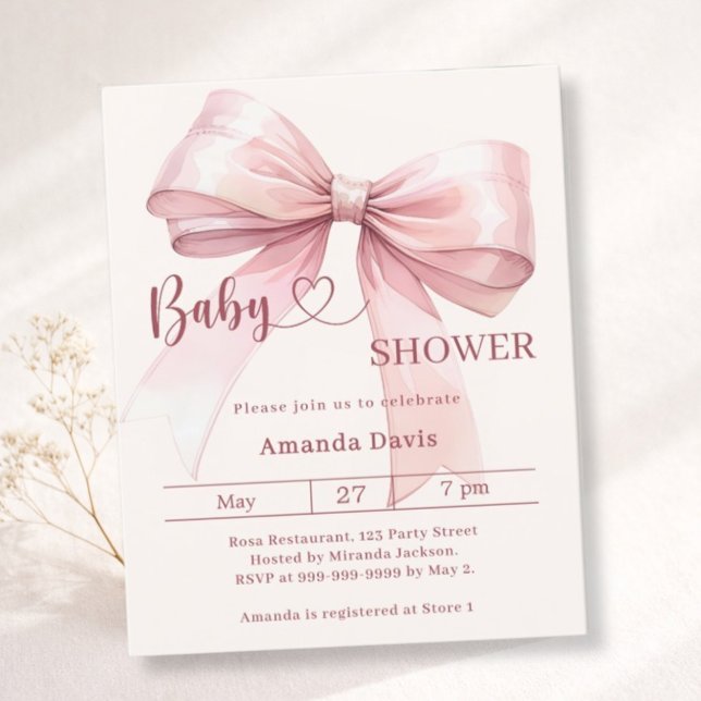Lámina Pink bow beige girl Baby Shower invitation (Subido por el creador)