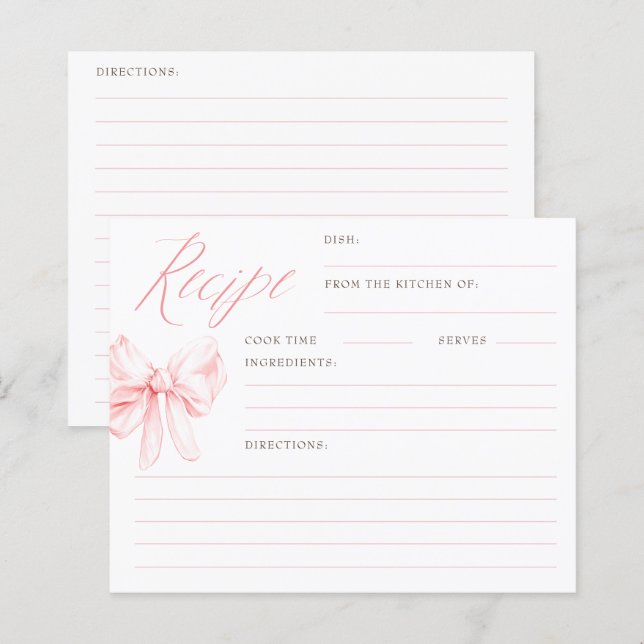 Lámina Pink Bow Elegant Bridal Shower Recipe Cards (Anverso / Reverso)
