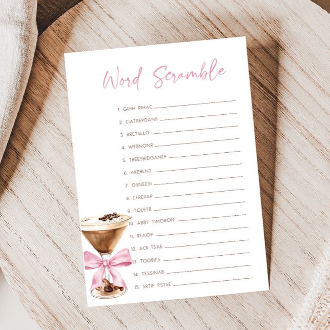 Lámina Pink Bow Espresso Martini Shower Scramble Game (Espresso Baby Shower Game)