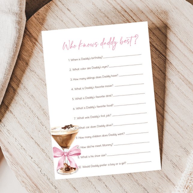 Lámina Pink Bow Espresso Martini Shower Who Knows Game (Espresso Baby Shower Game)