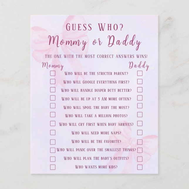 Lámina Pink Bow Guess Who Mommy or Daddy Baby Shower Game (Anverso)