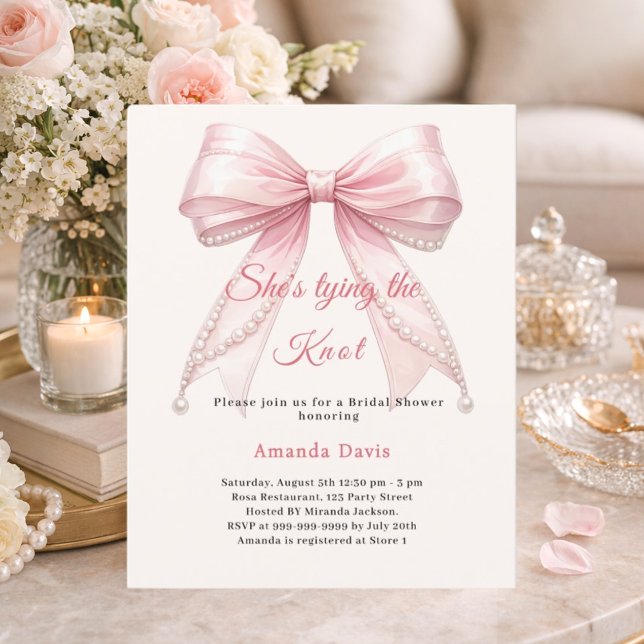 Lámina Pink bow ivory pearl knot Bridal Shower invitation (Subido por el creador)