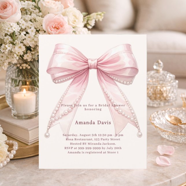 Lámina Pink bow ivory pearls Bridal Shower invitation (Subido por el creador)