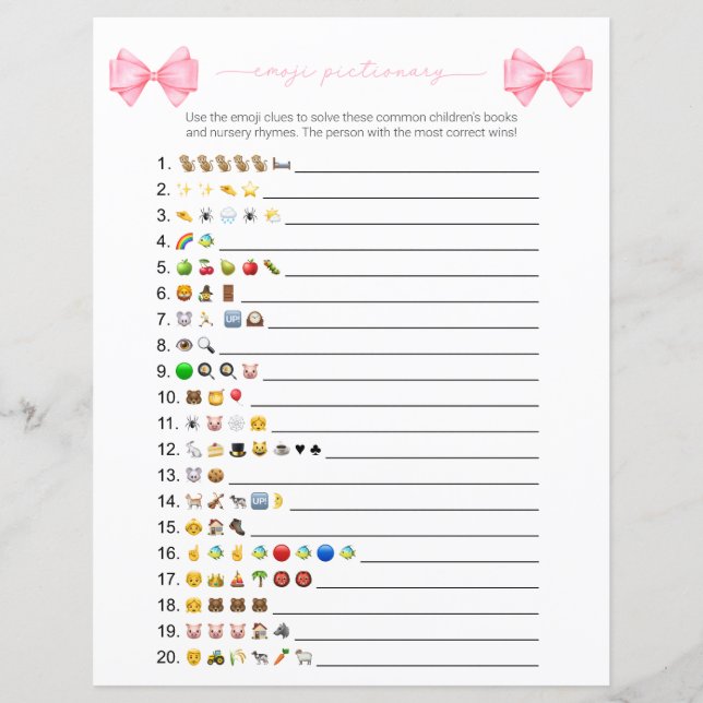 Lámina Pink Bow Moderno Emoji Books Juego de Baby Shower (Anverso)