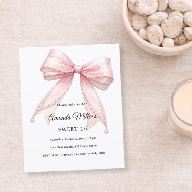 Lámina Pink bow pearls elegant Sweet 16 invitation (Subido por el creador)