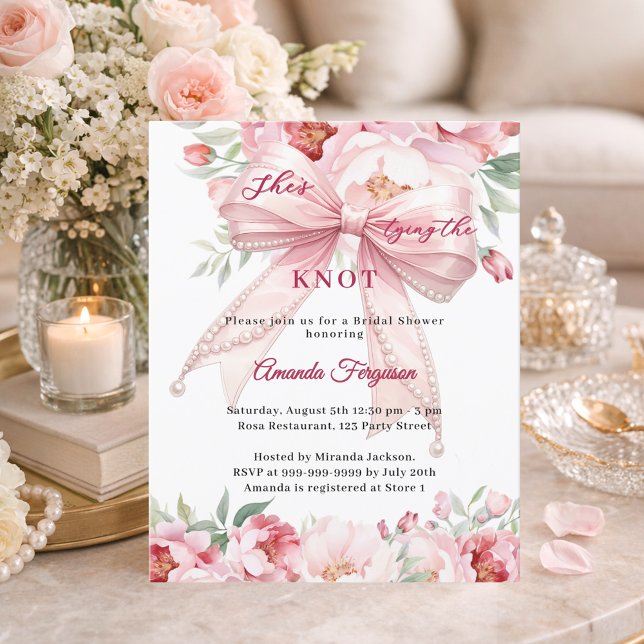 Lámina Pink bow pearls florals Bridal Shower invitation (Subido por el creador)