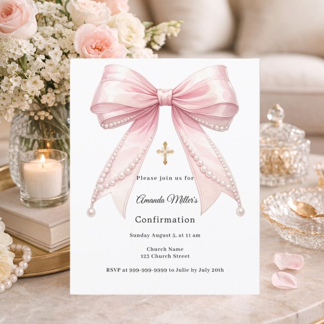 Lámina Pink bow pearls girl Confirmation invitation (Subido por el creador)