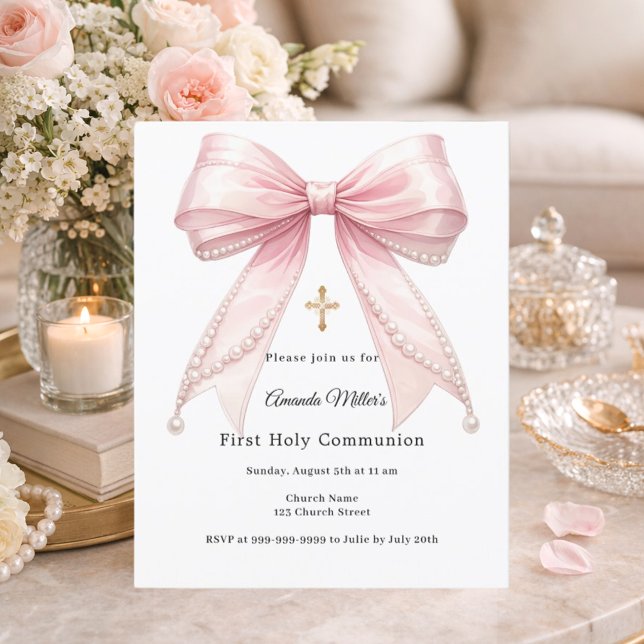Lámina Pink bow pearls girl First Communion invitation (Subido por el creador)
