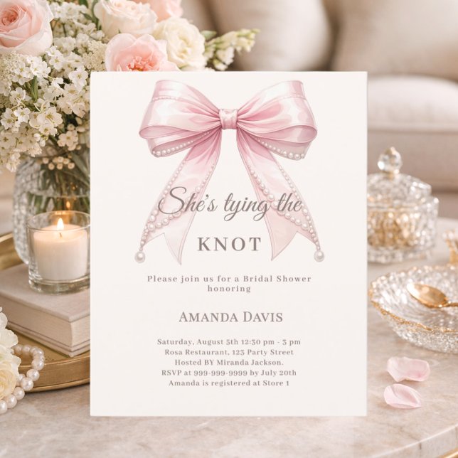 Lámina Pink bow pearls knot Bridal Shower invitation (Subido por el creador)