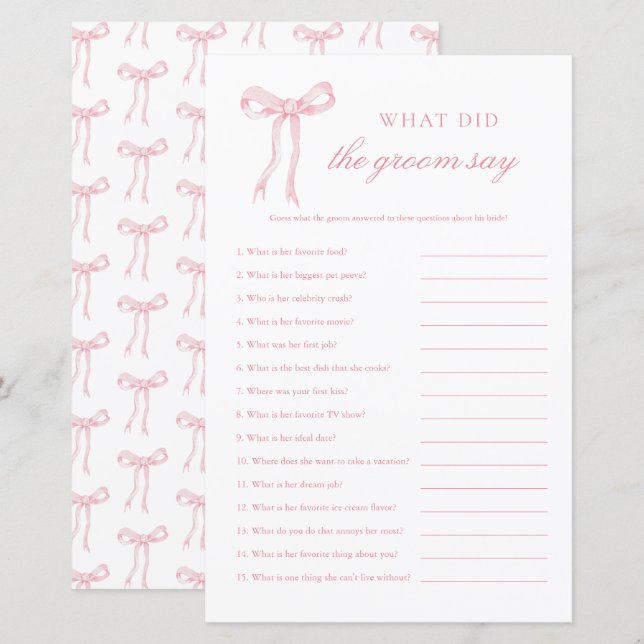 Lámina Pink Bow ¿Qué dijo el Groom del juego de novia ros (Anverso / Reverso)